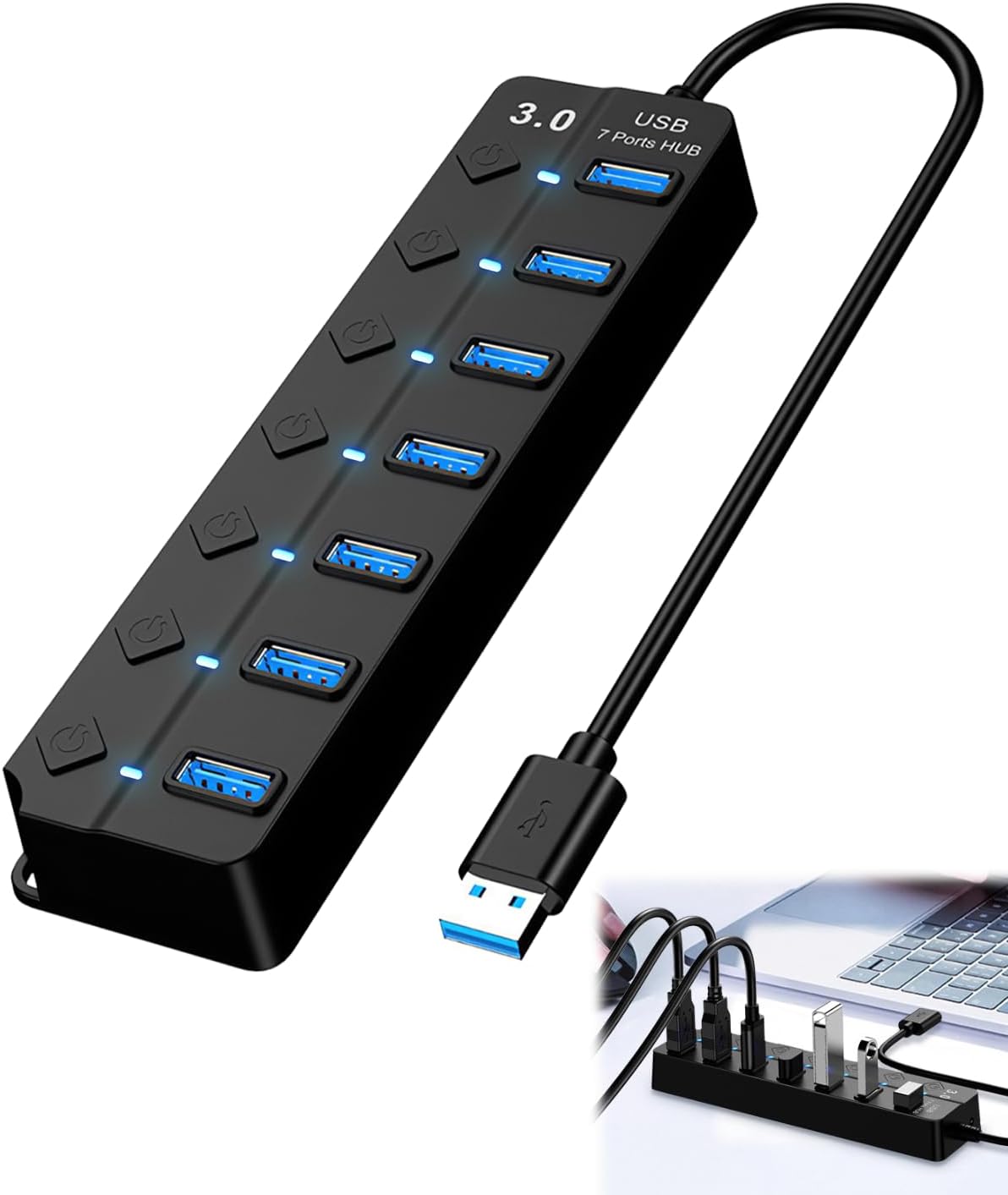 7 Port USB 3.0 Hub 5Gbps with Individual Switch and LED, Multi Port USB Hub Multisocket Data Adapter DC 5V USB Powered Hub with Cable 26 cm for PC, MacBook, Xbox, Keyboard, U Disk etc.