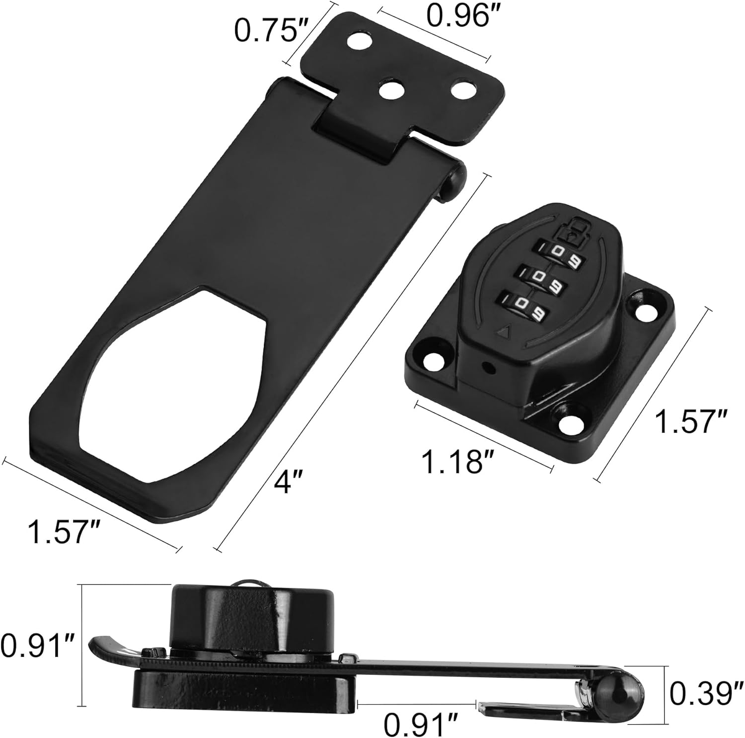 CozyTower 4 inch 180 Degree Hasp Latch with Combination Lock, Combo Locking Latch for Cabinet Cupboard Closet Door Hasp Lock for Outside Fence Shed Door (Black, 1 Pack)
