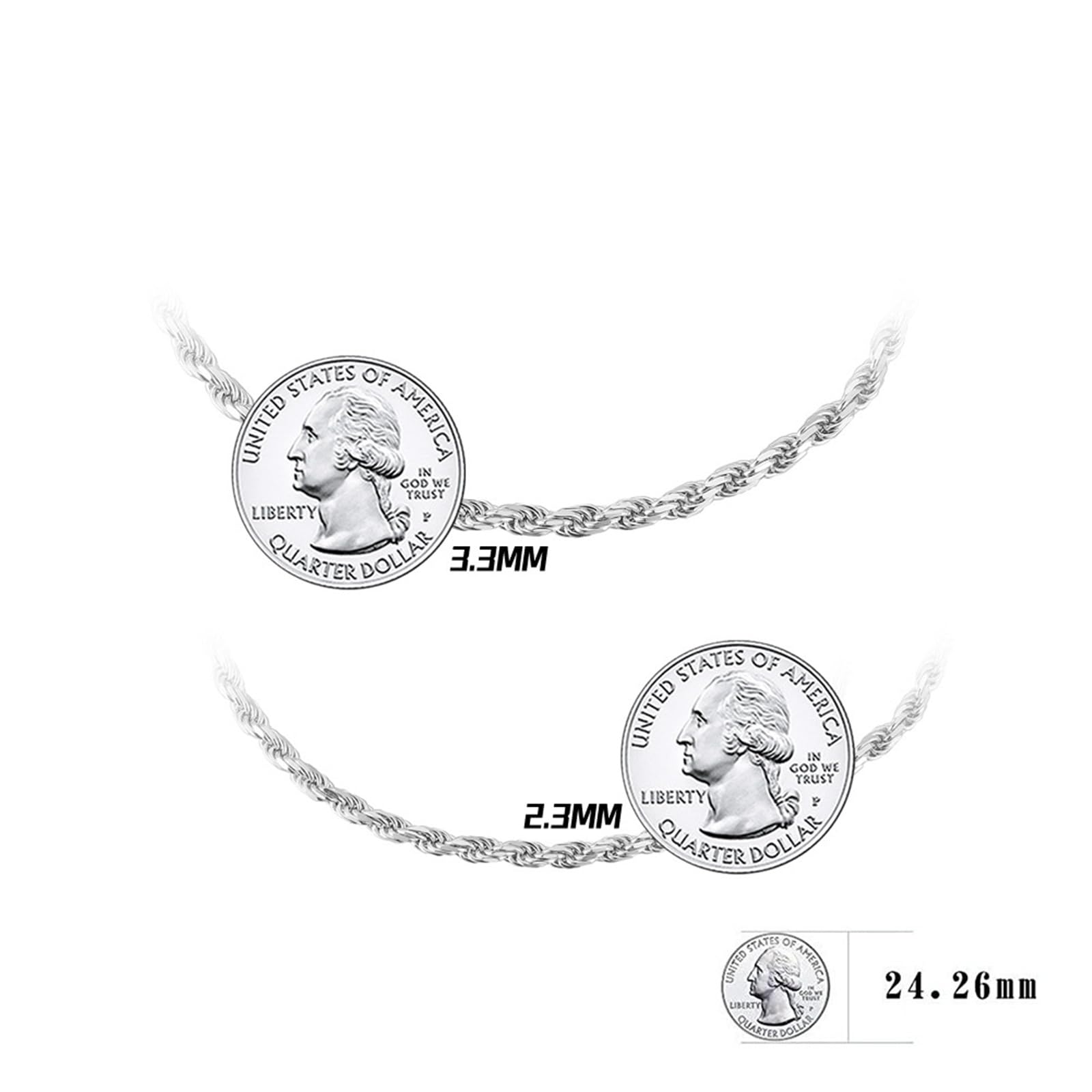 Braccialetti Donna Argento, Bracciale a Catena in Corda 16,5/18/19/20 cm in Argento 925 per Donna