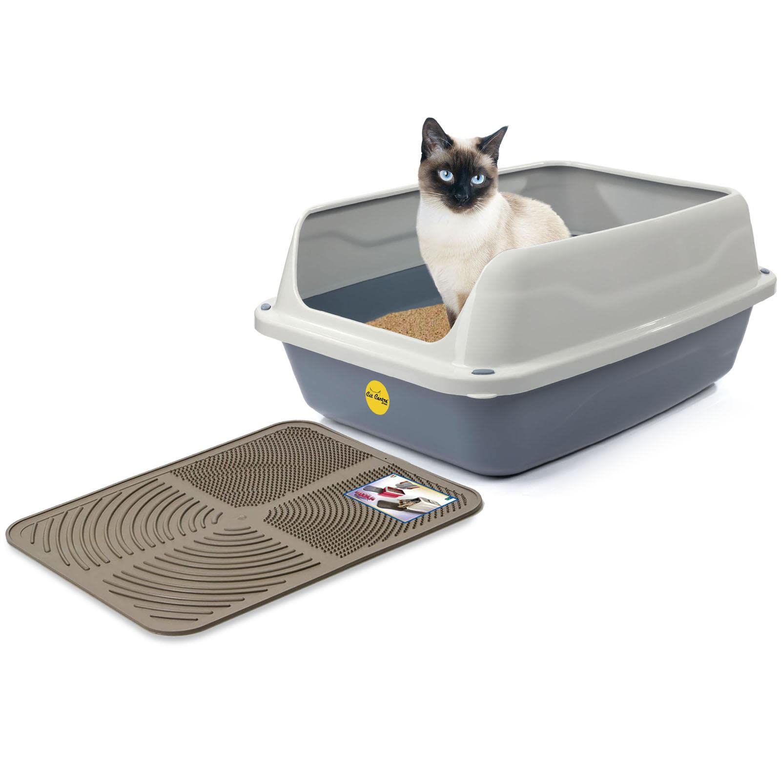 Buy Big Grey Open Cat Litter Tray + Grey Tray Mat High Sided Rim Extra Deep AntiSpillage XL