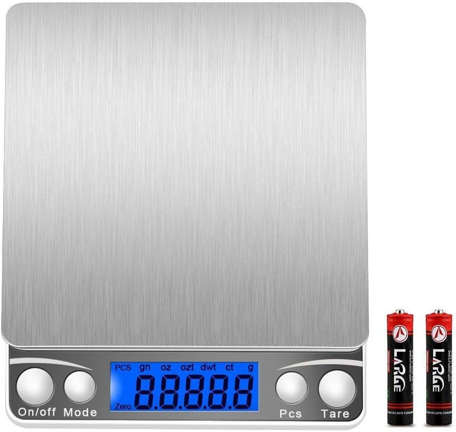 happyle3000g/0.1g Digital Kitchen Scales, High-Precision Pocket Food Scale, Multifunctional Pro Scale with Back-Lit LCD Display, Lab Weight(Silver