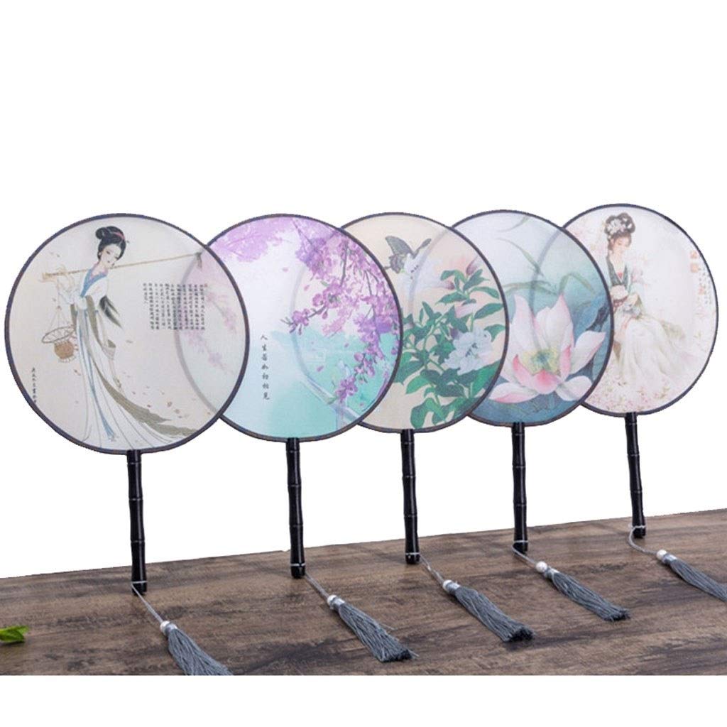 Abanicos plegables decorativos Abanicos de mano Estilo chino Bordado clásico Seda Redondo Palacio Abanico Mujer Mango largo Abanico de baile antiguo for decoración de pared Regalo Abanico de mano(Gray