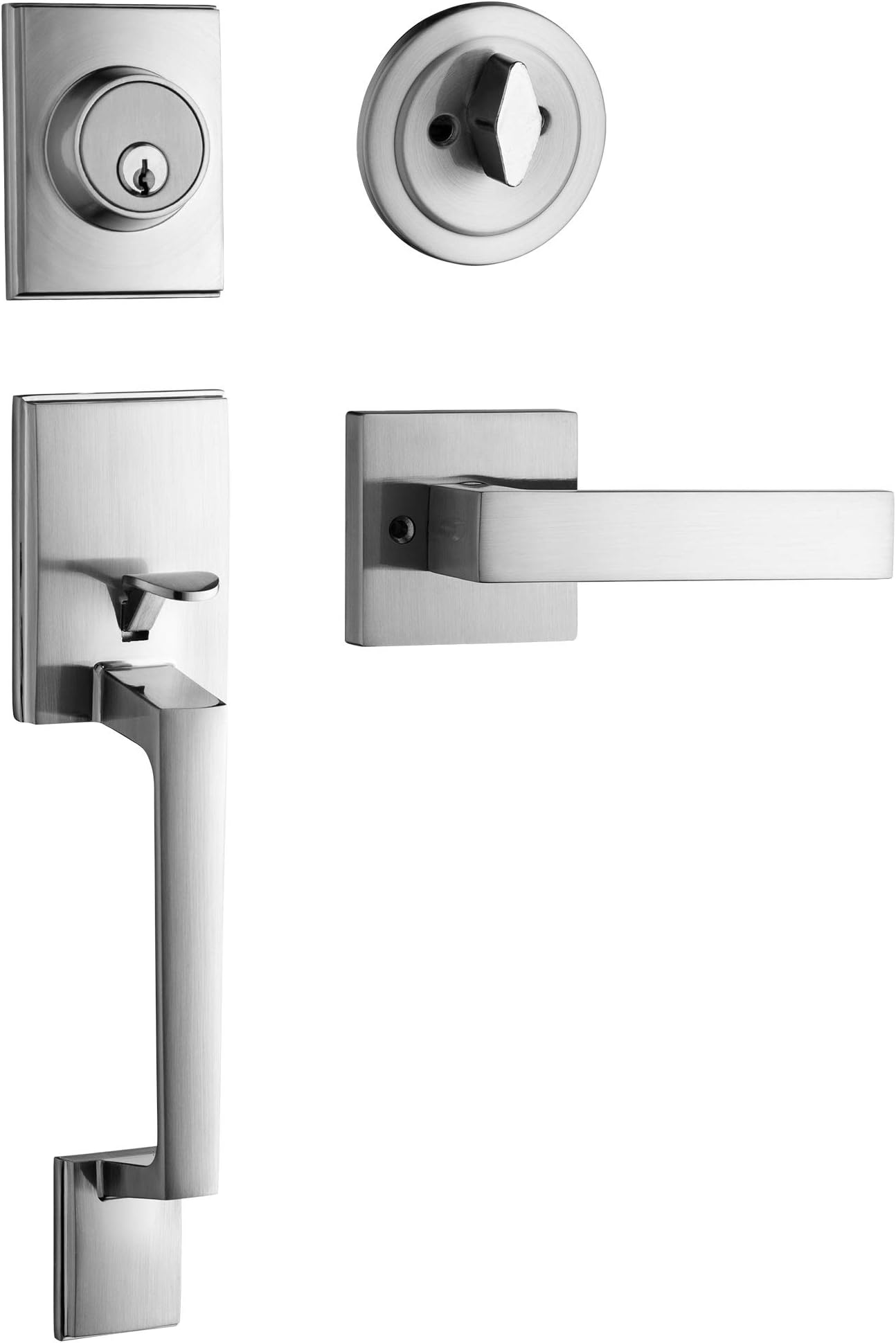 Berlin Modisch Single Cylinder HandleSet with Lever Door Handle Reversible for Right and Left Handed and a Single Cylinder deadbolt Handle Set 11" HandleSet [8 3/4" between screw holes] Silver