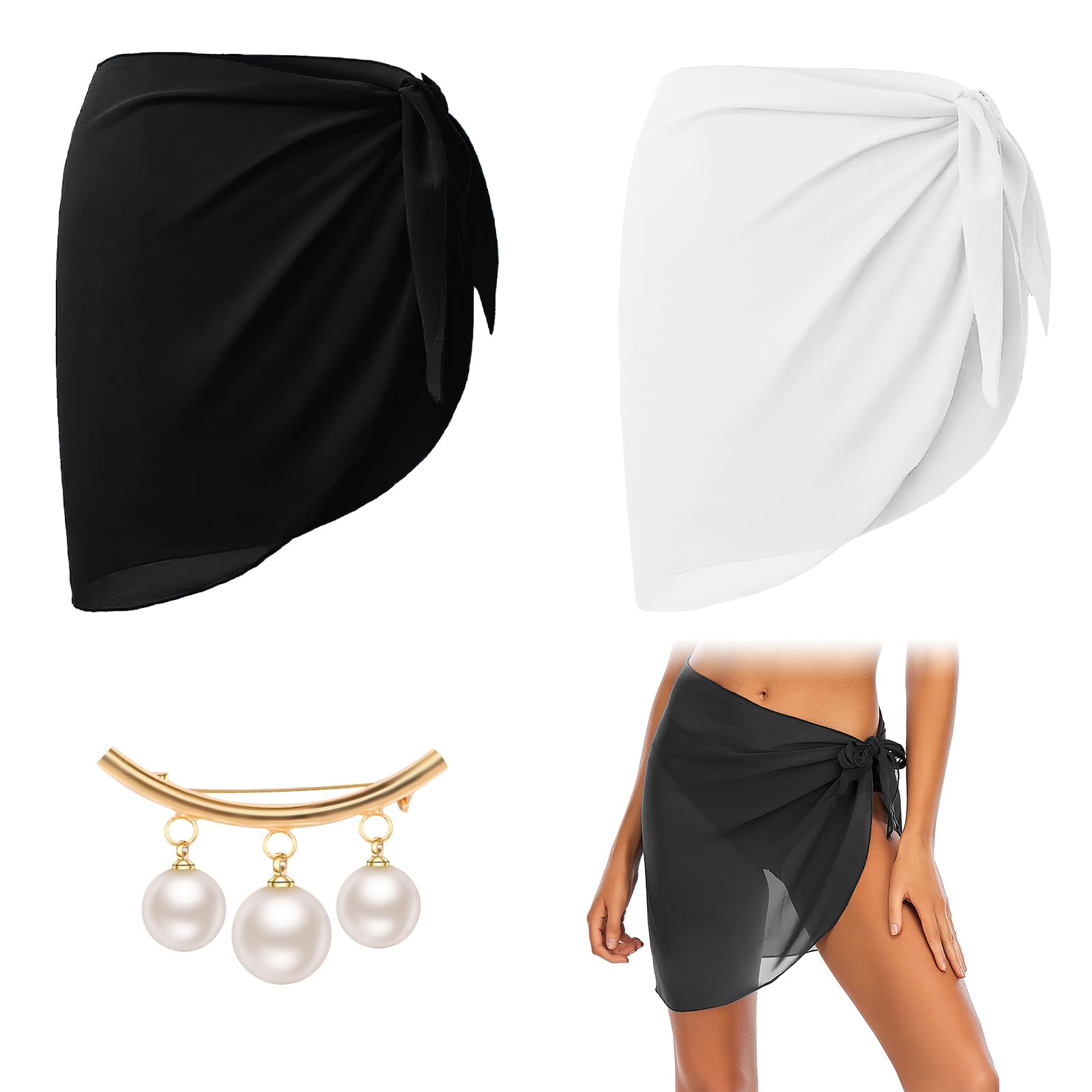 ZOCONE 2 Piezas Pareos de Playa Mujer, Pareos Playa Mujer 50x140cm Cubierta Sarong para Playa con Broches de Perlas, Falda de Playa Corta Pareo de Playa de Mujeres de Gasa de Bañador para Vacaciones