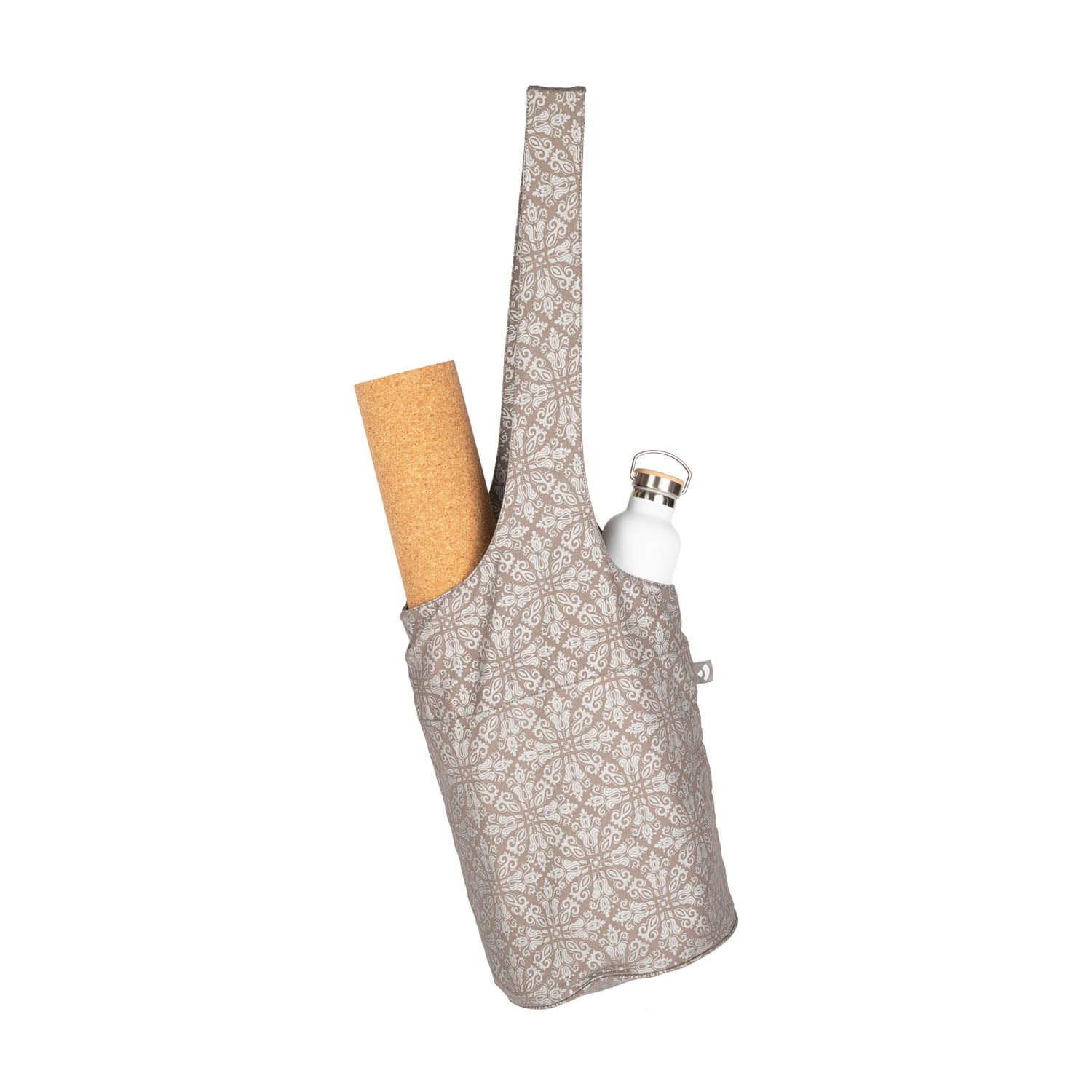 Yogatasche RAJA | Baumwolltasche mit Tragegurt | Slouchy Bag groß | Schultertasche für Yogamatten und Zubehör | Elegante Sporttasche | Maharaja Collection | Taupe Tasche mit silbernem Mandala Print