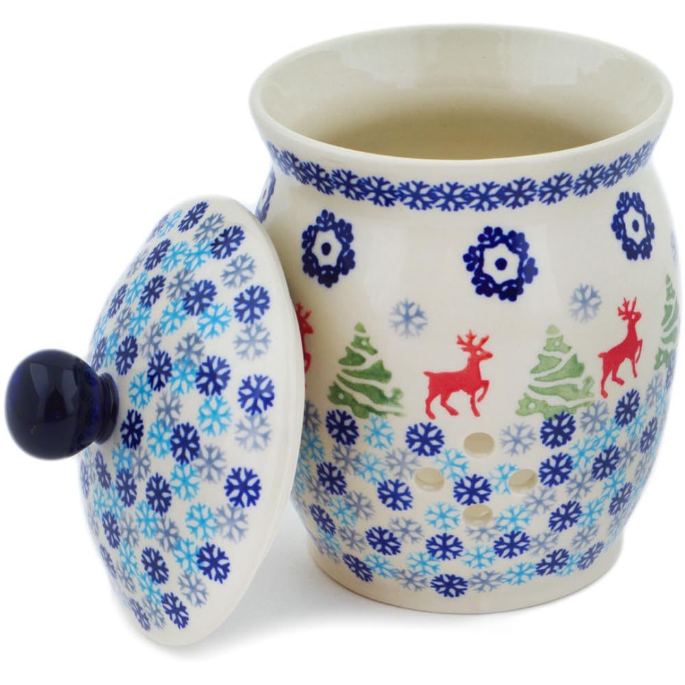 Authentic Polish Pottery Garlic and Onion Jar in Ring Around The Reindeer Design Handmade in Boles?awiec Poland + Certificate of Authenticity