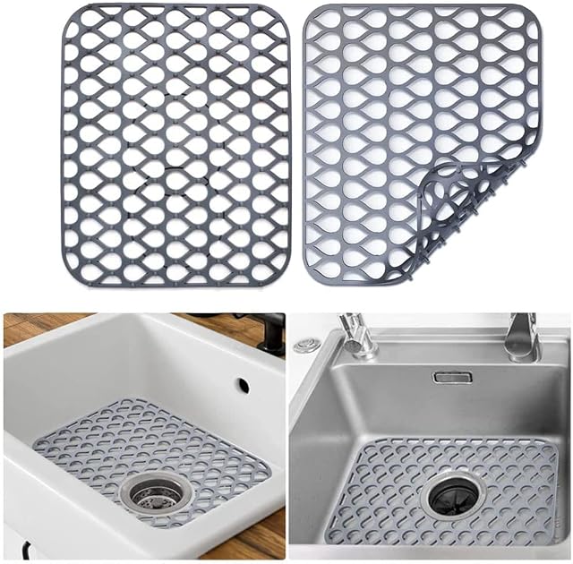 2 PCS Kitchen Sink Protector Mat, Silicone Non Slip Drainer Grid Mat Folding Heat Resistant Dish Drying Mats for Farmhouse Stainless Steel Sink (Grey)