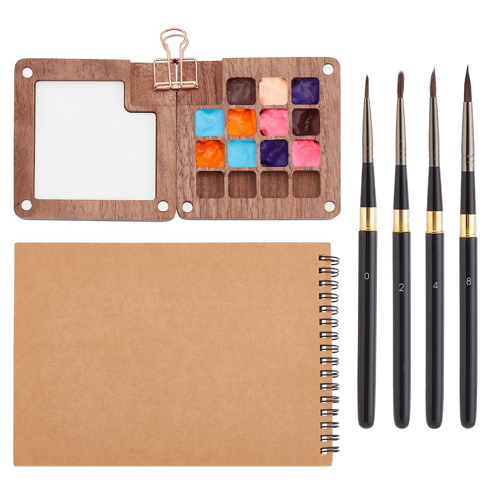 PH PandaHall Paleta de acuarela portátil con clip, caja de paleta de rejilla de madera de 15 colores, suministros de acuarela de viaje, cuaderno de bocetos de papel A5, 4 piezas, juego de pinceles de