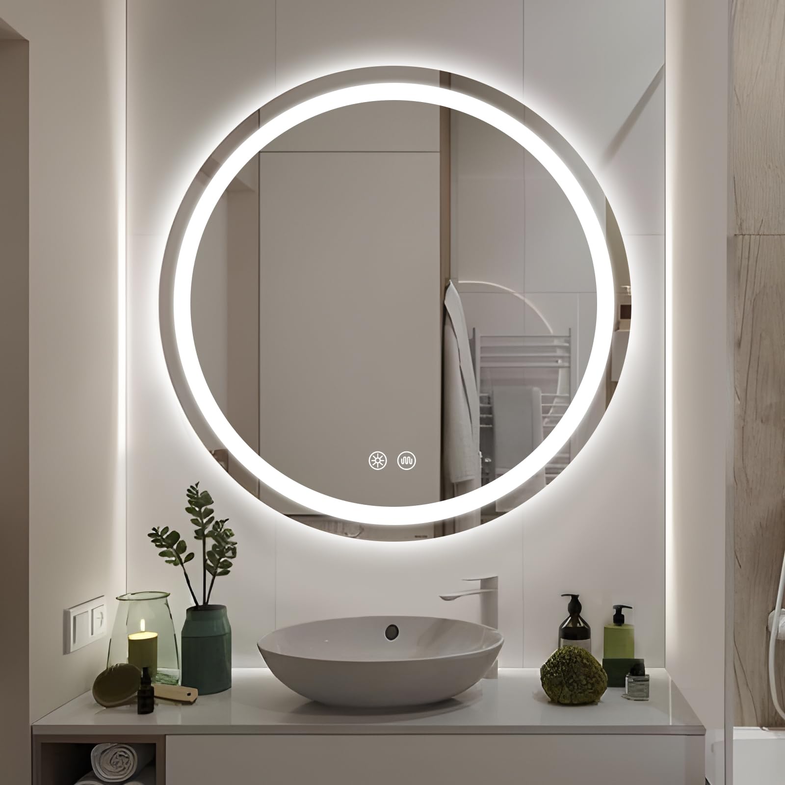 GOQELK Espejo de baño redondo con luz LED de 600 mm, espejo de baño iluminado con luz LED, espejo de tocador montado en la pared con antivaho, espejo de maquillaje circular grande antivaho, luz LED