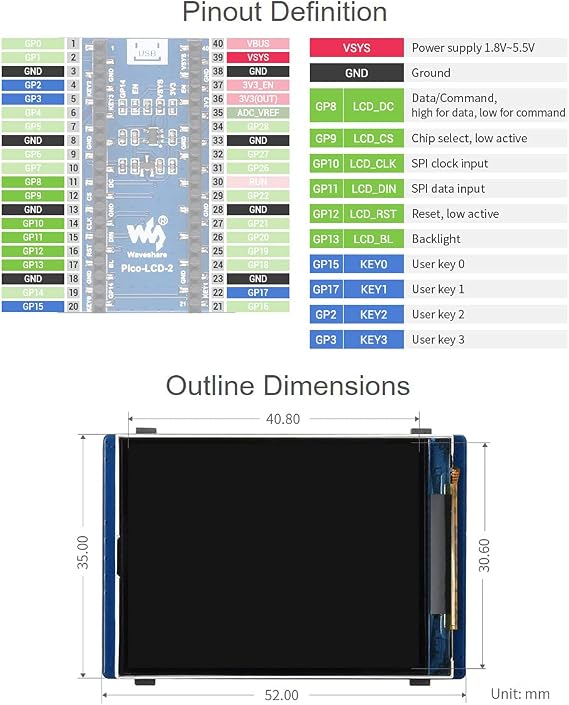 Waveshare 2inch LCD IPS Display Module Compatible with Raspberry Pi Pico