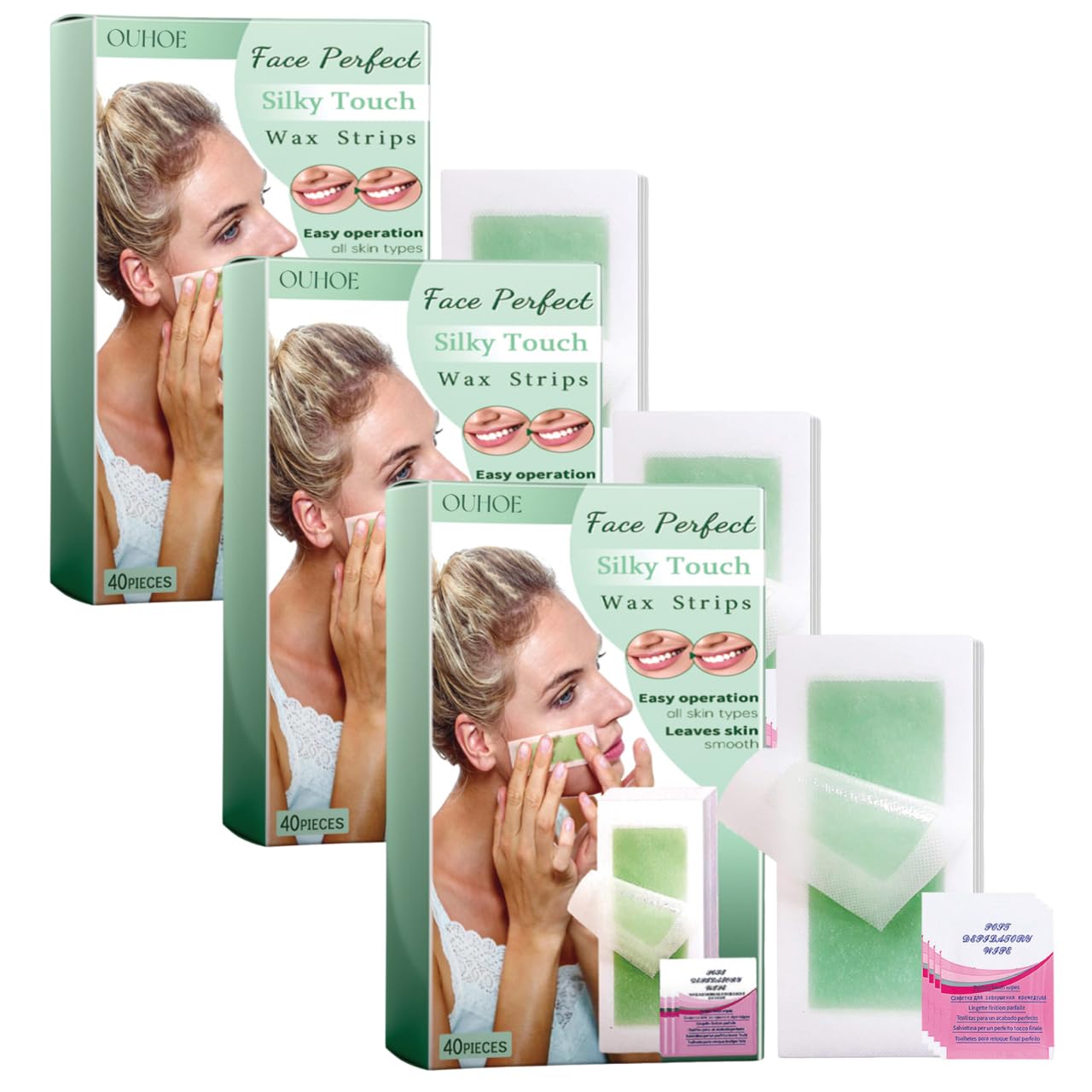 Bandas de cera depilatoria para rostro, piernas y axilas, depilación suave y rápida sin irritación, aptas para todo tipo de pieles (3Pcs)