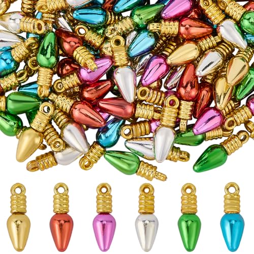 SUNNYCLUE 1 Box 120Pcs 6 Colors Christmas Bulb Bead Light Bulb Beads Bulk Colorful Cute Mini Plastic Bulbs Bead Charm for Jewellery Making Charms DIY Craft Necklace Bracelet Earring Holiday Decoration