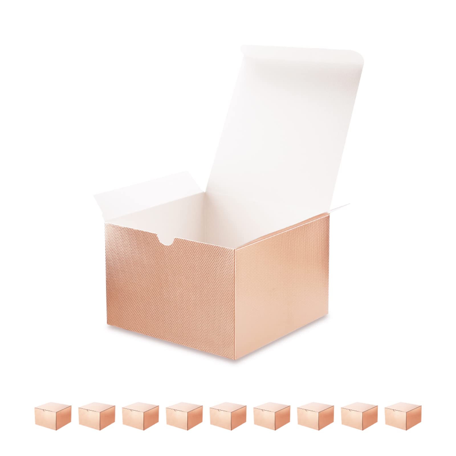 ROSEGLD 10 Gift Boxes with Lids, 6x6x4 Inches, Rose Gold, Bridesmaid Proposal Boxes for Light Weight Gifts (Glossy Rose Gold with Grain Texture)