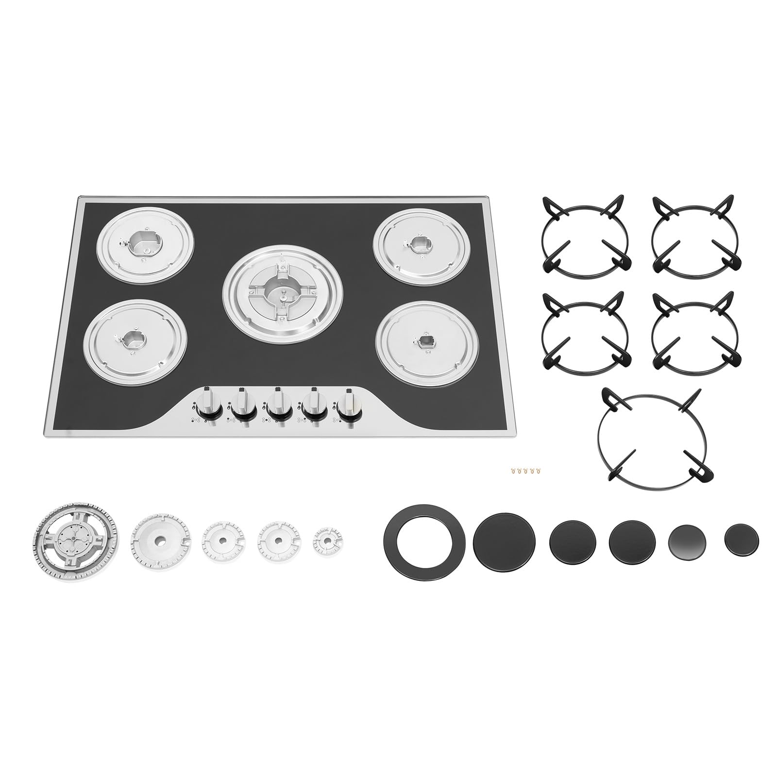 Hornillo de gas, 5 quemadores, con quemador wok de 3/2,75/1,75/1 kW, encendido electrónico por impulso, protección contra llama, cocina profesional, para hogares, cocinas, restaurantes