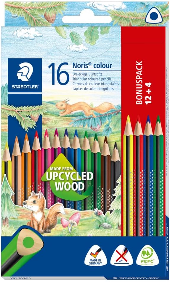 STAEDTLER Noris Colour Colouring Pencils, Increased Breaking Resistance, Triangular Shape, Attractive Design, Ergonomic Soft Surface, WOPEX Material, Brilliant Pens in Cardboard Case .187 C12P1, Pack