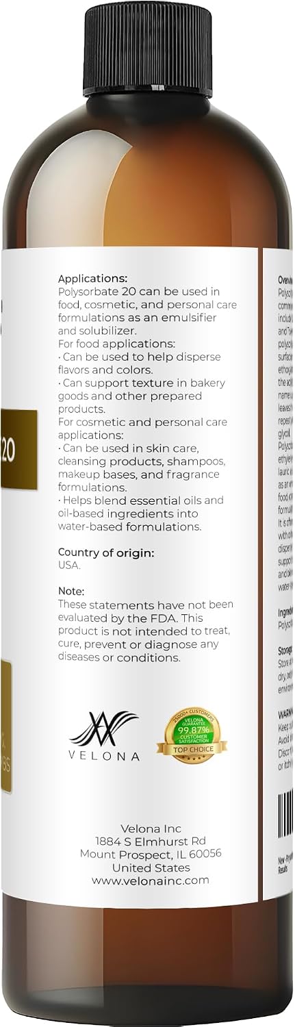 Polysorbate 20 by Velona - 8 Fl Oz | Solubilizer, Food & Cosmetic Grade | All Natural for Cooking, Skin Care and Bath Bombs | Use Today - Enjoy Results