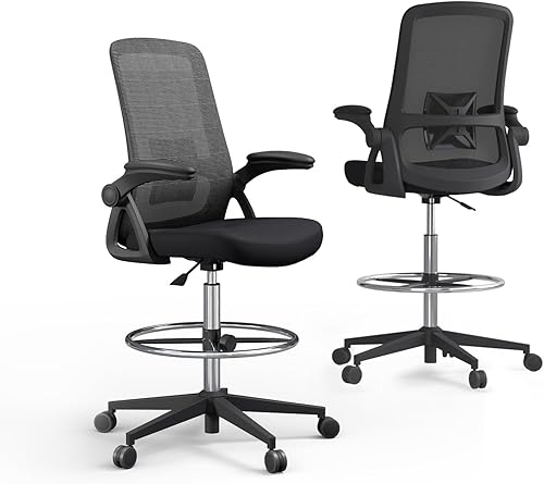 Silla de dibujo, Silla de oficina alta con soporte lumbar, Silla de escritorio alta ergonómica con reposabrazos abatibles, Silla de escritorio de