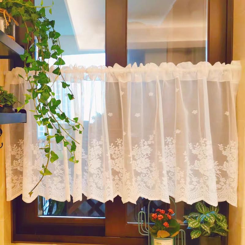 Kitchen Curtains, Kitchen Curtains for Open Kitchen, Flower Design Sheer Curtain for Window Privacy and Light Control, Embroidered Kitchen Window Valance 132x46cm 4
