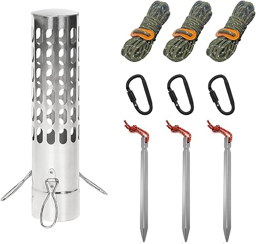 Miniatura 9 de FIREHIKING Spark Arrestor - Tubo de estufa de 2.36 pulgadas con cuerda de viento de clavo de tierra, mosquetón y tapa de lluvia para chimenea Negro