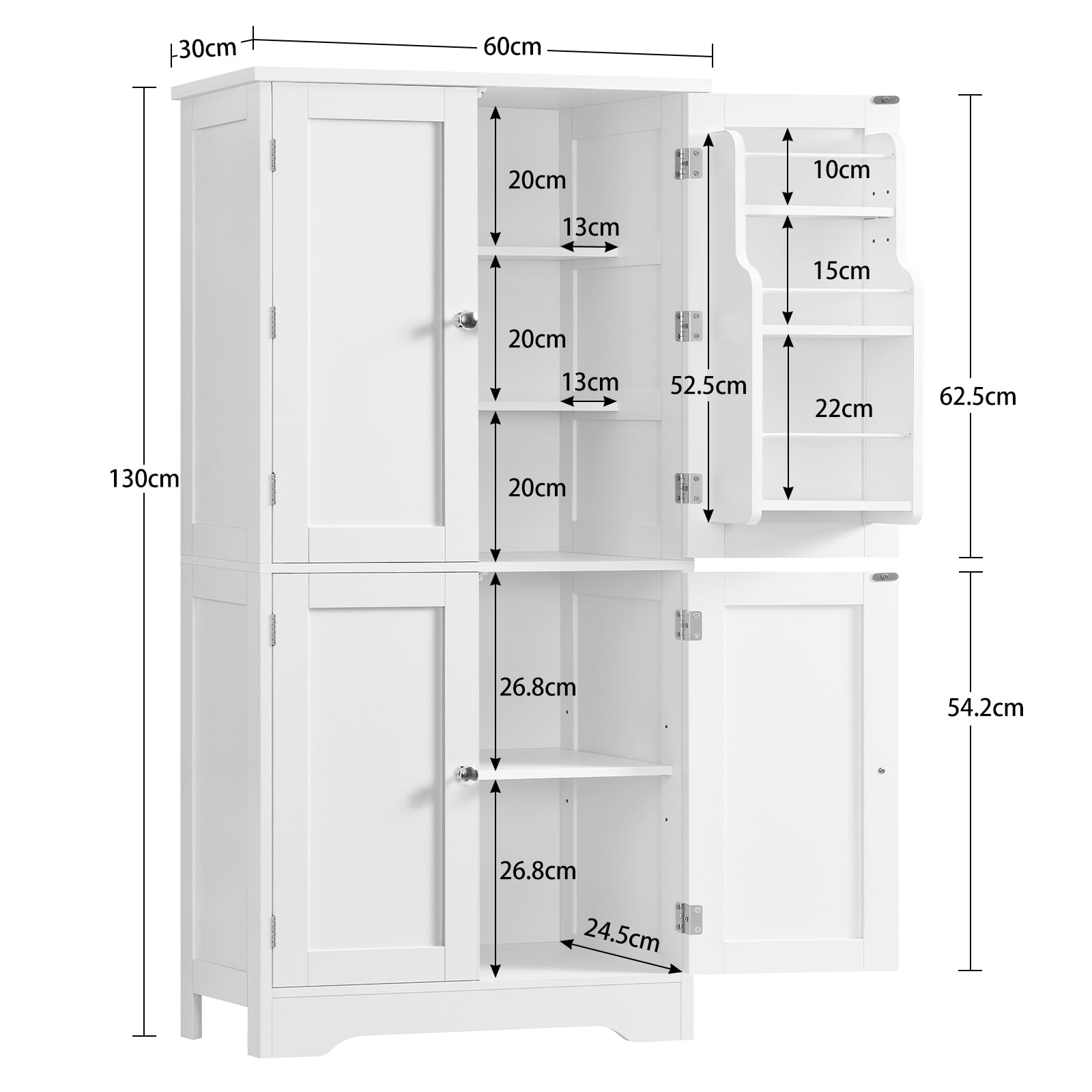 TEENFON Küchenschrank, 4-türiger Mehrzweckschrank & Buffetschrank mit 6 Einlegeböden und 2 Türfächern, platzsparender Vorratsschrank für Küche, Wohnzimmer, Esszimmer, Bad, 130 x 60 x 30 cm, weiß