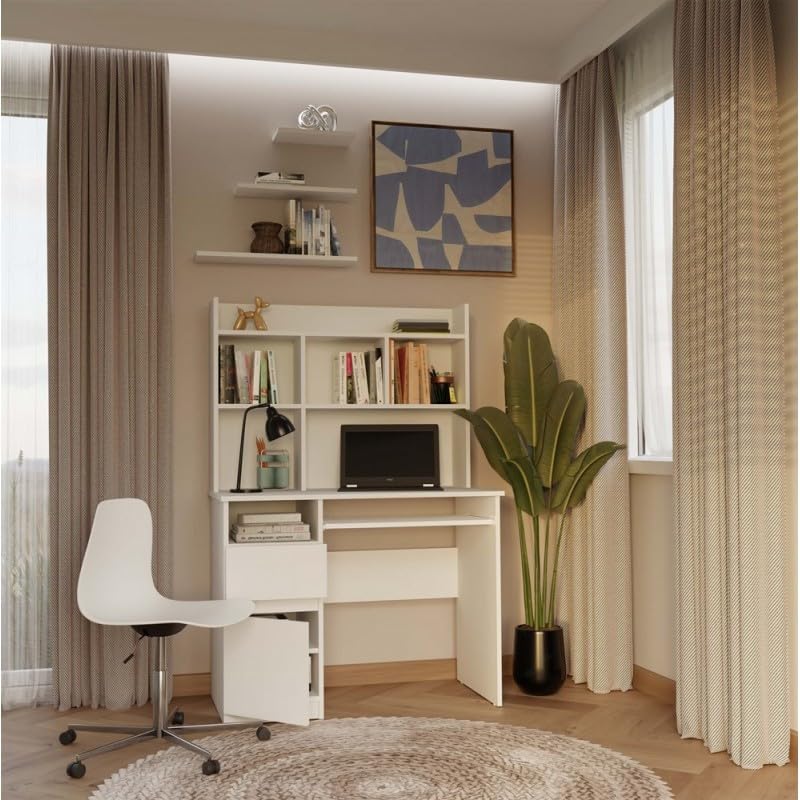 CDF Schreibtisch mit Aufsatz Porto Computertisch Arbeitstisch mit Regal Schublade Schrank Tastaturauszug Home Office Links 98 x 51 x 145 cm - Weiß