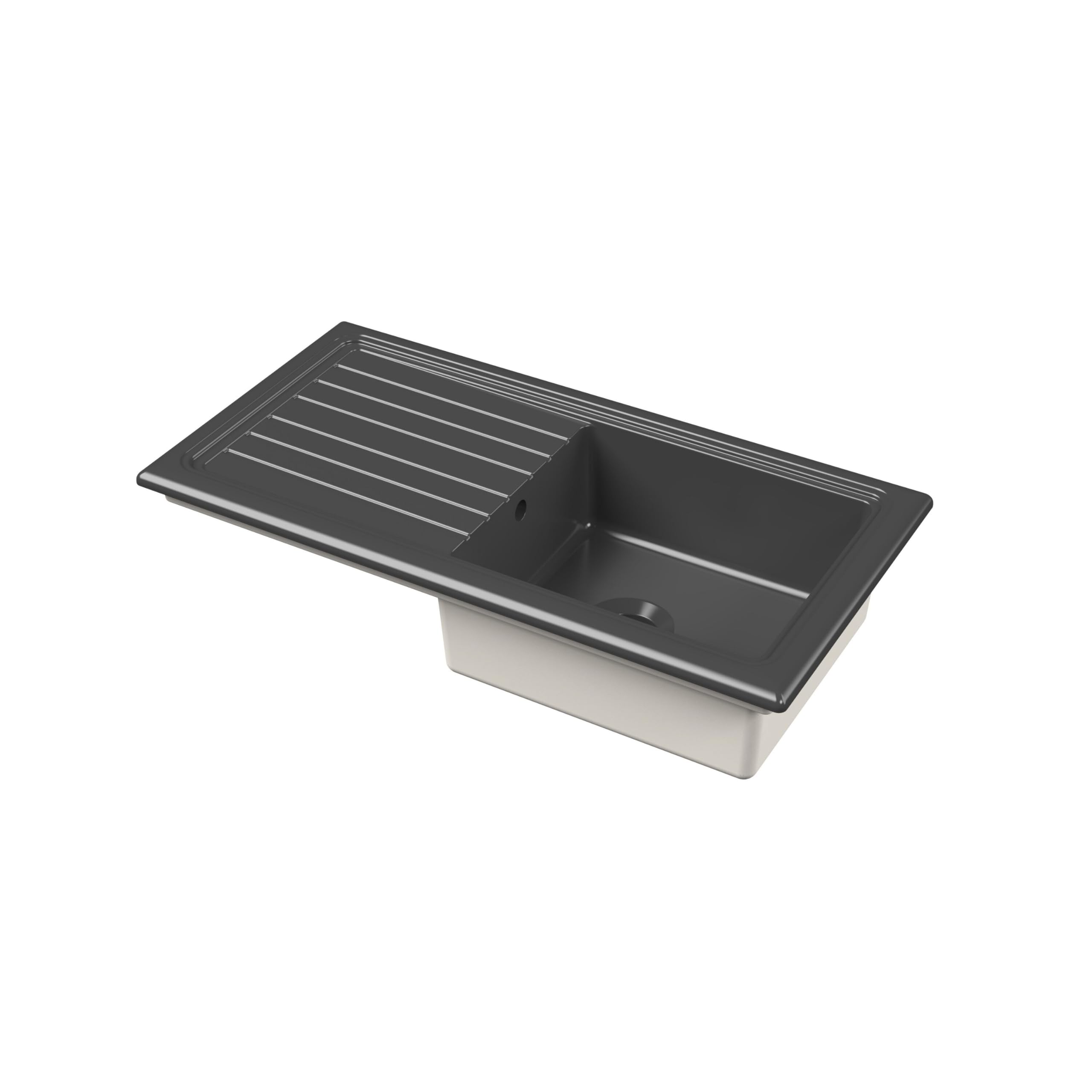 Balterley Grey Ceramic Kitchen Sink With Drainer & Overflow Hole, 101Cm Bowl Inset Fireclay Black Kitchen Sink, Single Bowl Reversible Ceramic Sinks With Grooved Drainer - 1010 X 525 X 235Mm (Dark )