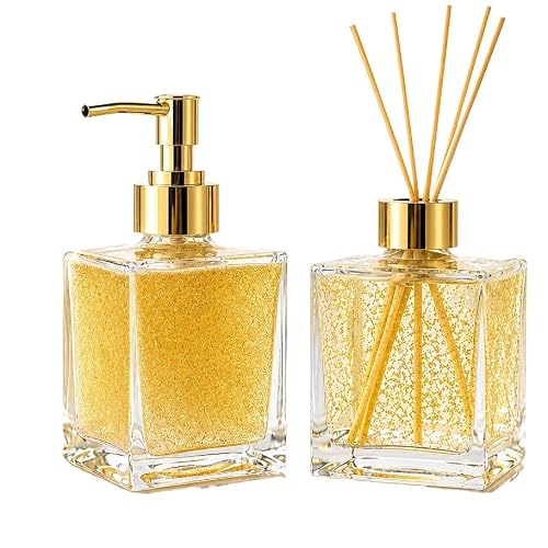 Kit Lavabo Banheiro Porta Sabonete Liquido e Difusor em Vidro Cubo Transparente(Dourado)