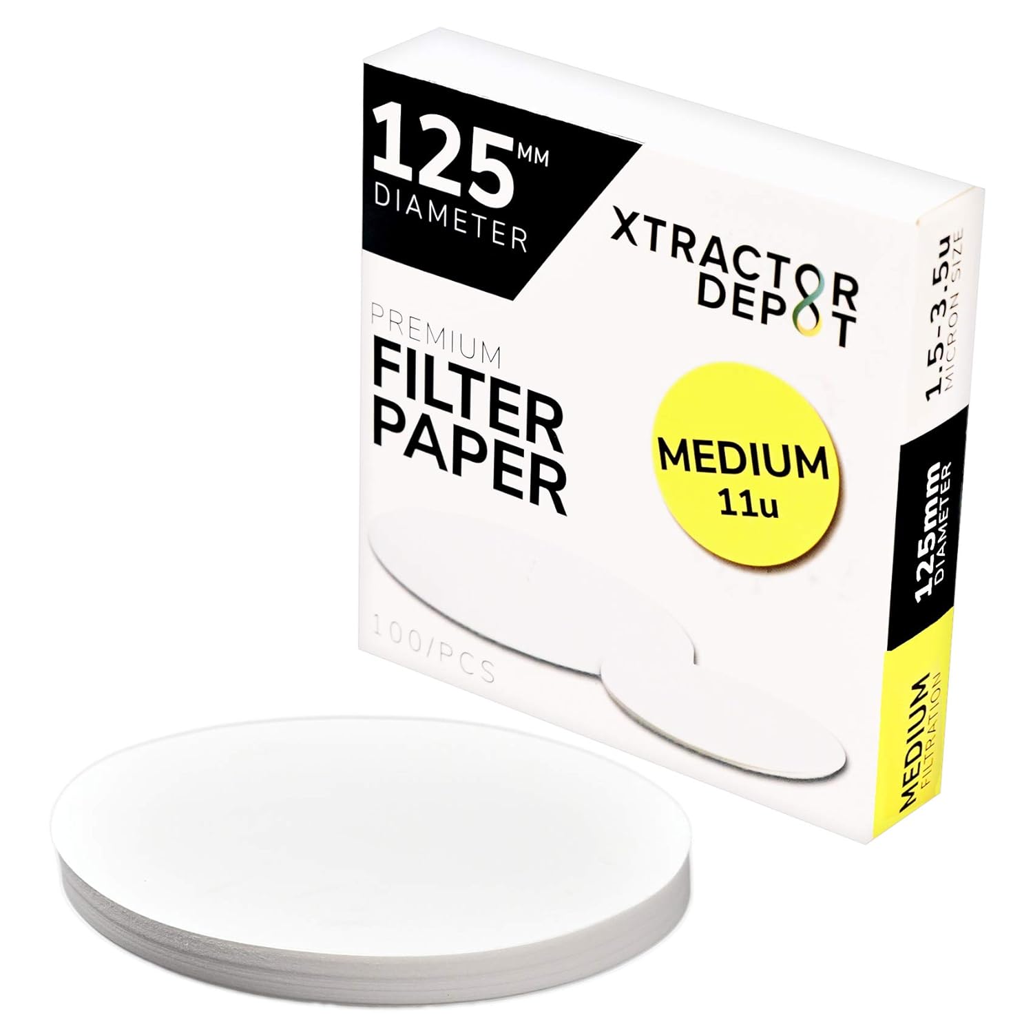 125mm Qualitative Chemistry Lab Filter Paper, 1.5µm-3.5µm Micron Particle Retention - Slow Flow Extract Filtration - Pack of 100