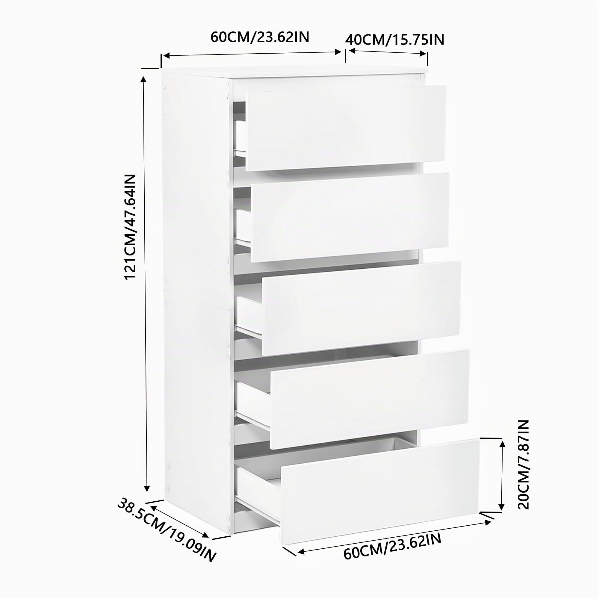Cajonera, Ancho 60 cm, Armario con 5 Cajones, Muebles Dormitorio, Ideal para Salón, Dormitorio, Habitación Infantil, Despacho, Blanco, 60 cm × 40 cm × 120 cm