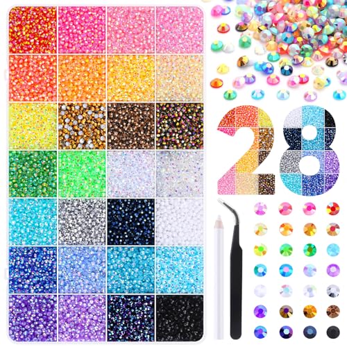 JOLCEEY 34000pcs Nail Art Rhinestones 28 Colors 3mm Flat Back Nail Gems Crystals Nail Rhinestones Bedazzling Kit with Pick Up Tweezers and Pen for DIY Crafts Clothes Shoes