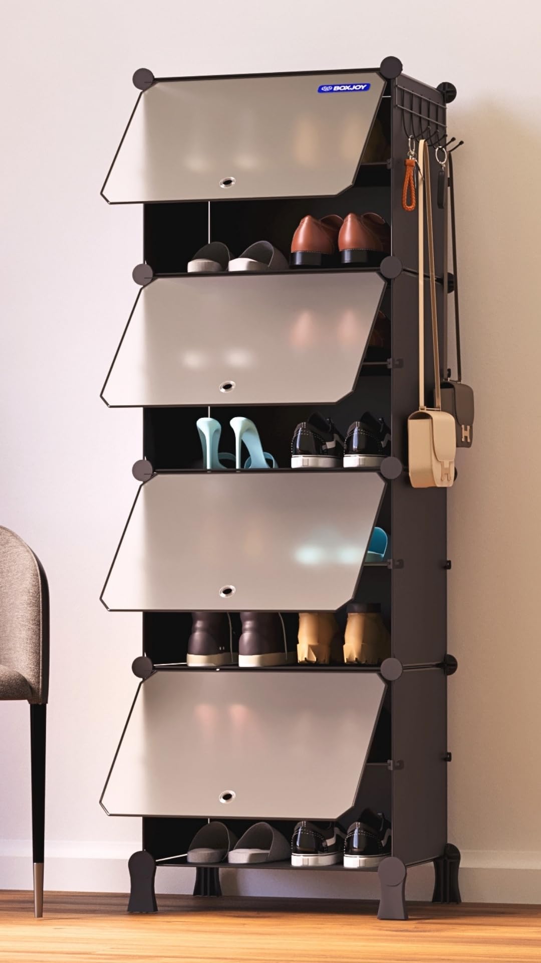 BOXJOY 8 Shelf Shoe Rack with 4 Transparent Doors, 5 Hook Steel Holder & Wooden Hammer, Home Storage PP Plastic Organizer with Metal Door Frame to Cover Chappal Slipper Sandals Shoes Box Stand (Black)-image-39