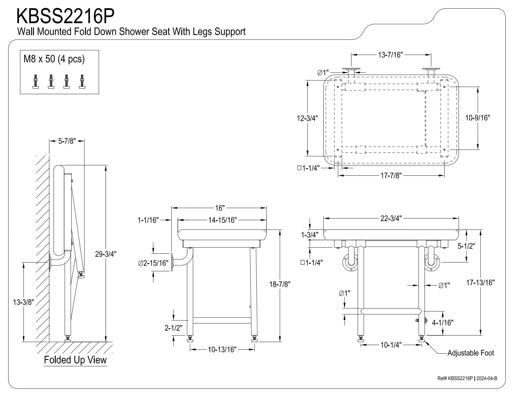 Kingston Brass KBSS2216P Asiento de Ducha Plegado para Montaje en Pared bariátrico de 56 x 40,6 cm con Soportes de Piso adicionales, Acero Inoxidable Cepillado