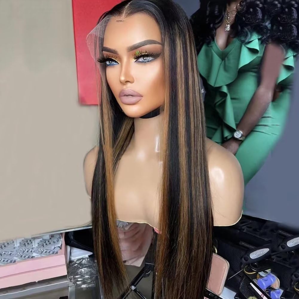Highlight 1B 30 Color Sliky StraightWear and Go 13X4 SKINLIKE Real HD Full Frontal Human Hair Wig 0.10mm Ultra-thin Invisible SKINLIKE Real HD Lace Brazilian Remy Human Hair Wig Pre-Plucked 14"
