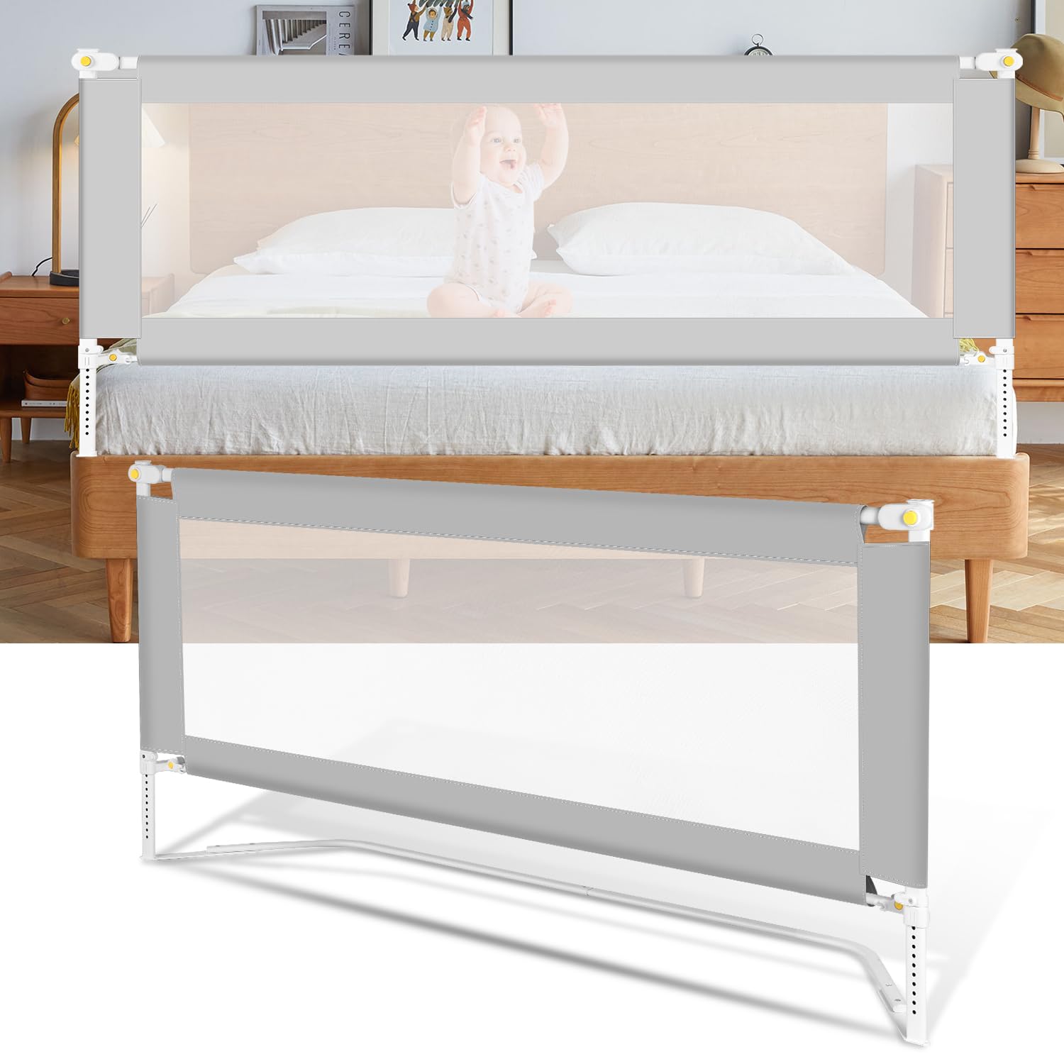 Barrera de cama de 200 cm, protección para cama infantil con patas en forma de U, plegable, protección contra caídas, altura ajustable, 68 – 95 cm, fácil de montar, color gris
