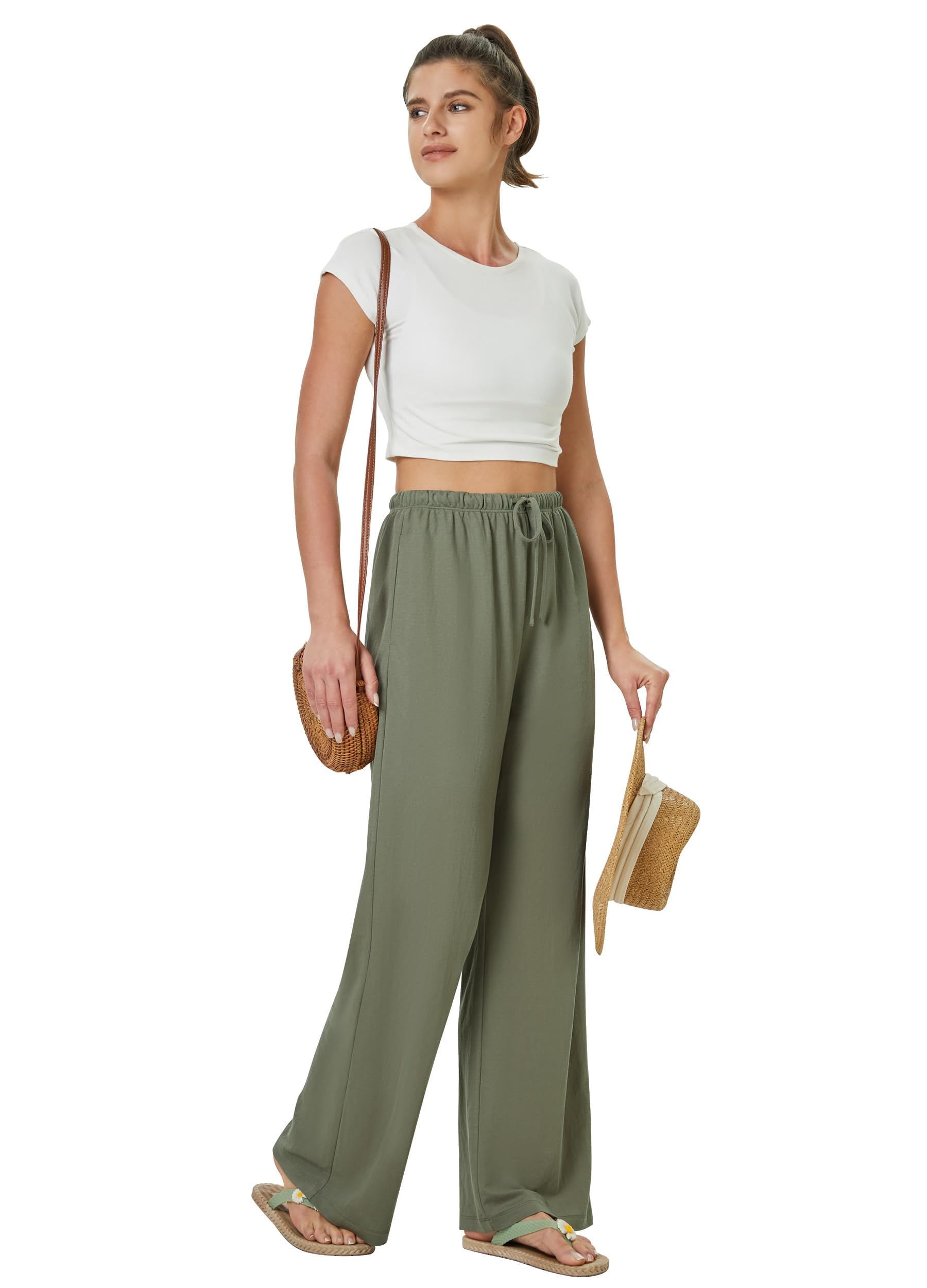 Glacspyg Damen Hosen Flowy Wide Leg Freizeithose Casual Beach Strandhose High Waisted Kordelzug Palazzo Hosen mit Taschen