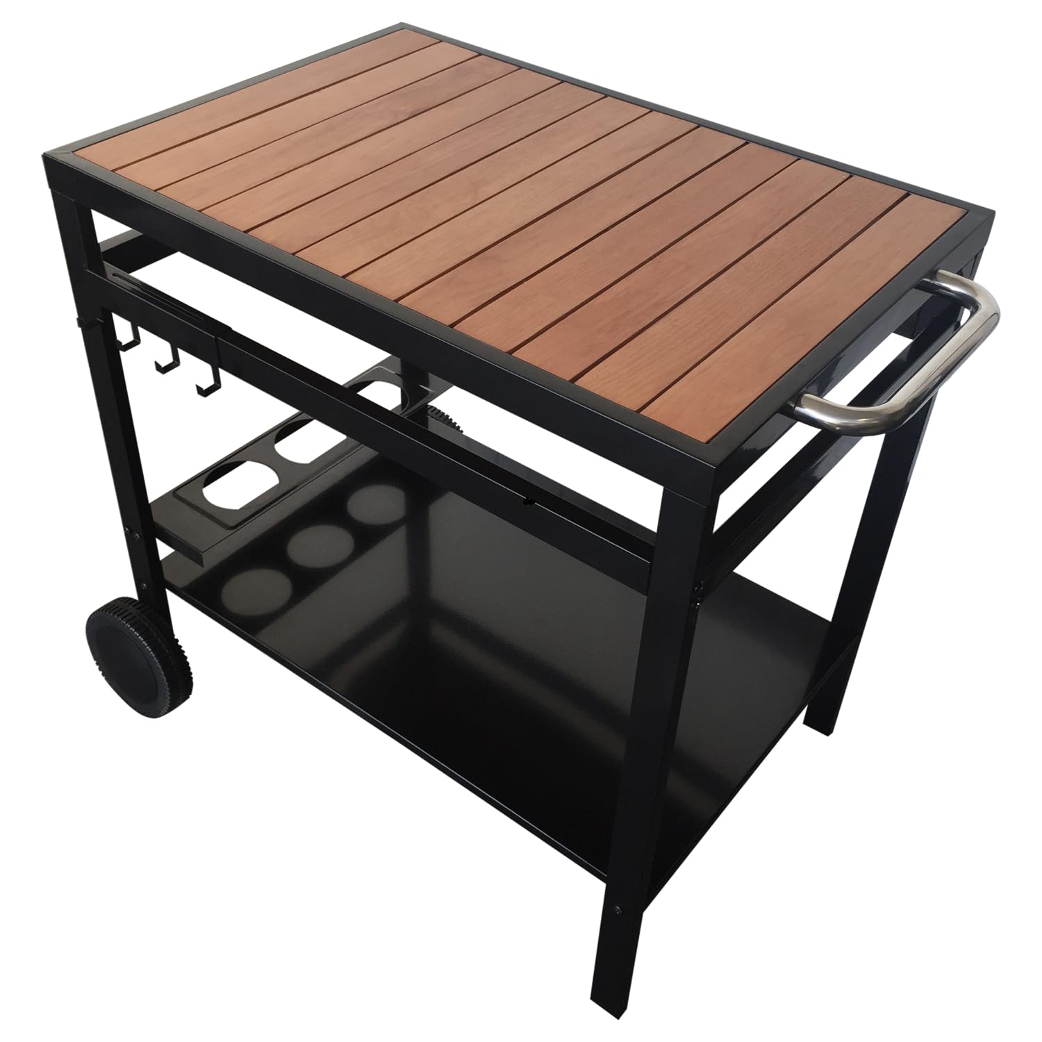 Happy Garden Desserte Aveiro Noire pour Plancha, Acier et Plateau Bois, Roues et Poignée