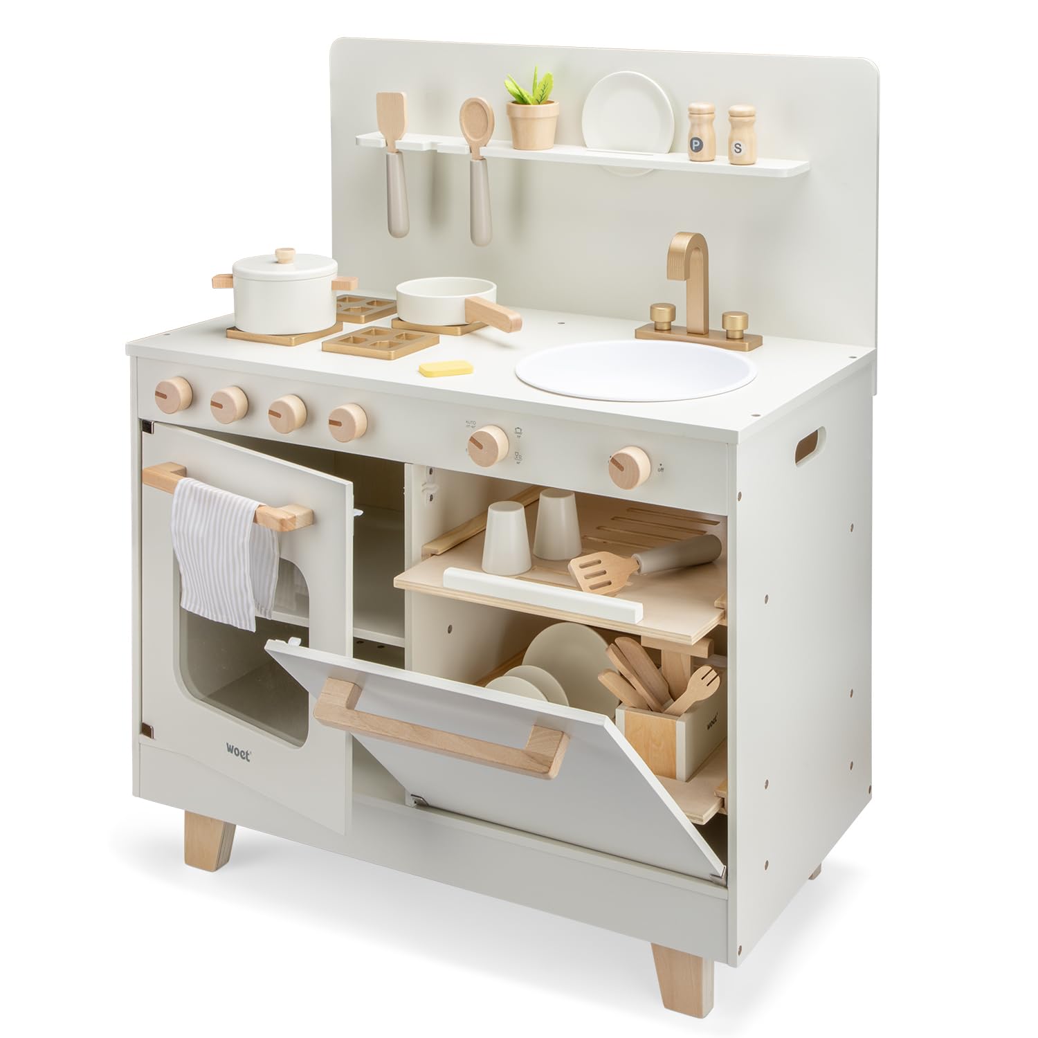 Woet® Cucina Giocattolo in Legno con Lavastoviglie per Bambini - Forno, Lavandino e 23 Accessori - Set Chef di Imitazione - Dai 3 Anni in Su