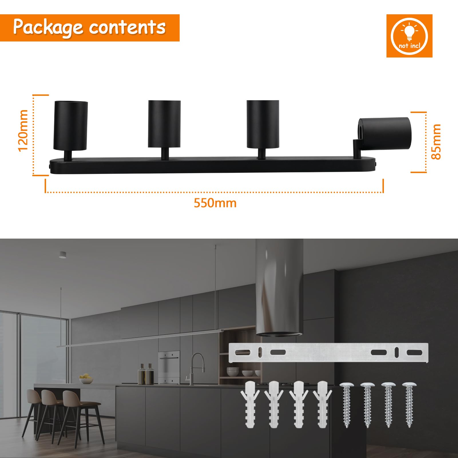 KYOTECH Lampa sufitowa LED 4 obrotowe reflektory 4 GU10 obrotowe i obrotowe reflektory sufitowe, kinkiet LED czarny matowy, dostarczany bez żarówek