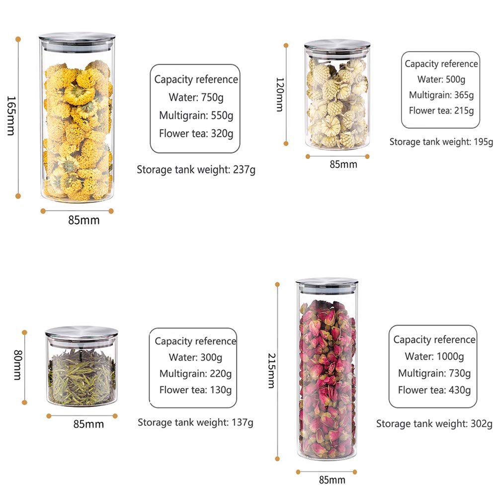 Dauerhaft Set Glas Vorratsdosen, Vorratsgläser aus Borosilikatglas Küche Lebensmittel Lagerung Behälter mit Deckel - 1000ml/750ml/500ml/300ml Küche, Transparent