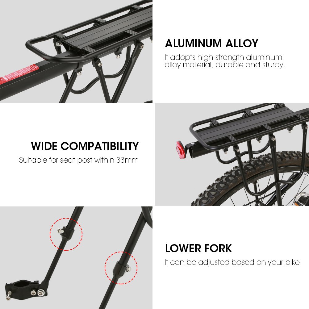 Portapacchi Posteriore per Bicicletta, Alluminio, Mountain Bike, con Riflettore, Carico Massimo 25 kg, Nero