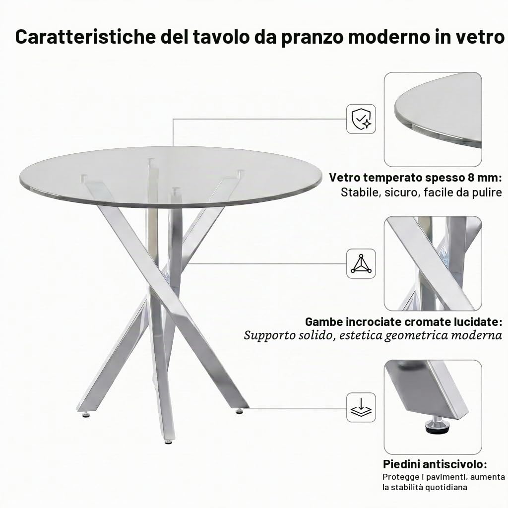 Tavolo da pranzo rotondo in vetro, 80 x 80 x 75 cm, moderno tavolo da pranzo in vetro, piano in vetro temperato, gambe del tavolo galvanizzate, tavolo da cucina rotondo, per cucina, soggiorno