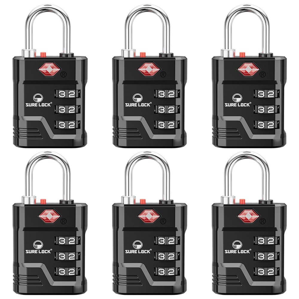 SURE LOCK TSA Approved Luggage Lock, Black, 6 Pack