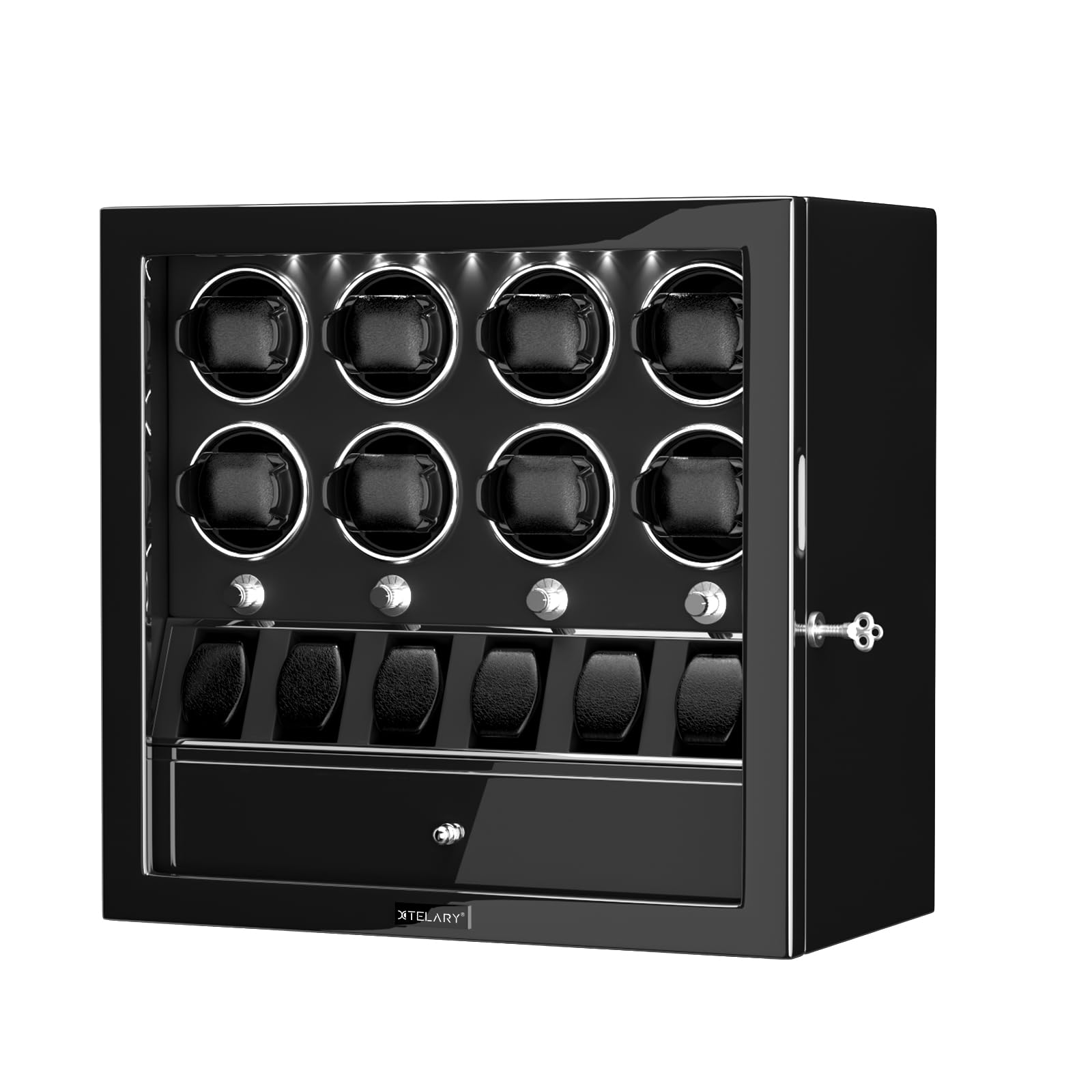 XTELARY Uhrenbeweger,Abschließbarer Uhrenbeweger für 2/4/6/8 mit 4 Rotationsmodi, Speicherplätzen,Aufbewahrungsschublade, Weißes LED-Licht Superleiser Motor und Federuhrkissen für Herren und Damen
