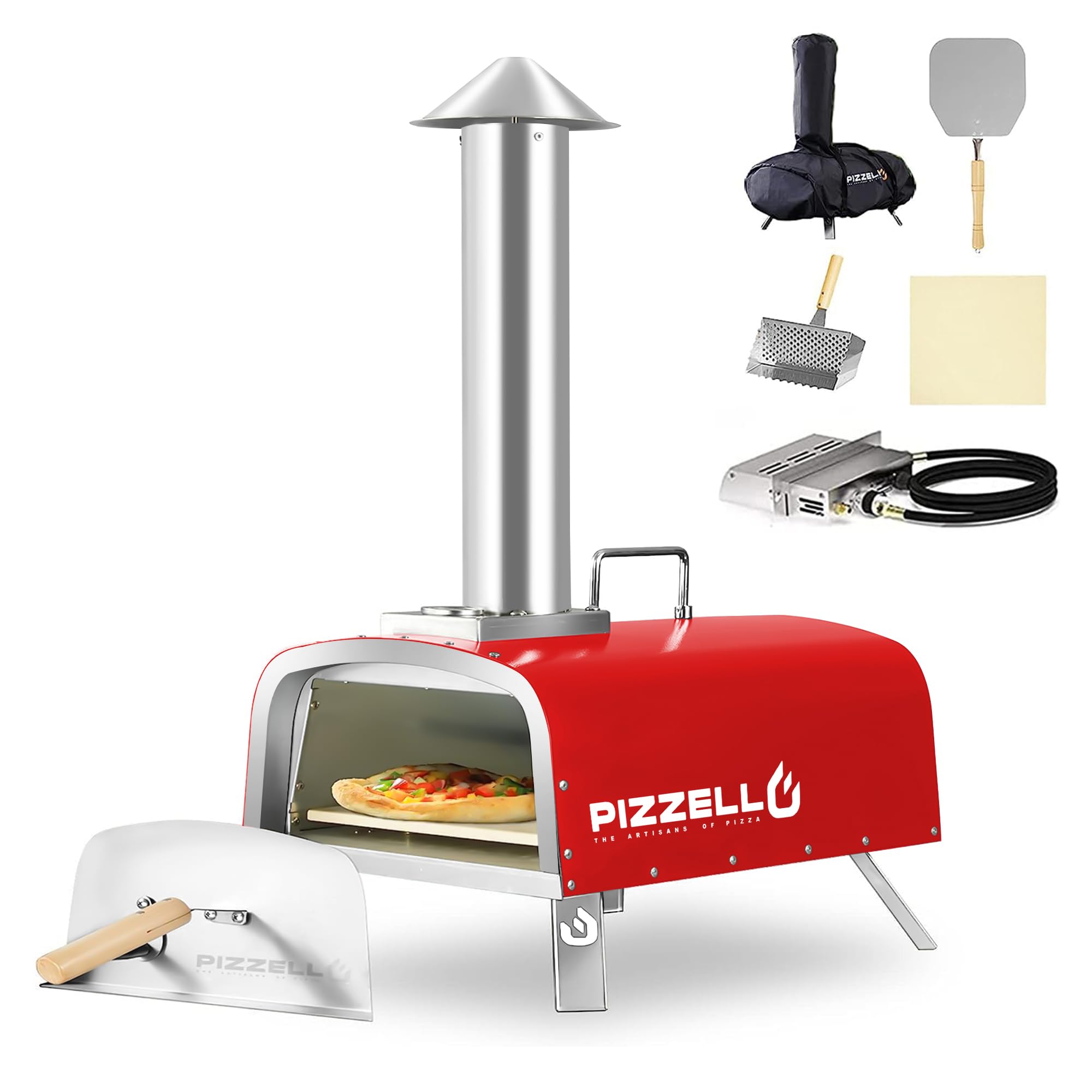 Amazon.com: PIZZELLO 12 Outdoor Pizza Oven Propane u0026 Wood Fired Pizza  Maker Multi-Fuel Pizza Ovens with Gas Burner, Wood Tray, Stone, Pizza Peel,  Cover, Forte Gas (Red) : Patio, Lawn u0026 Garden
