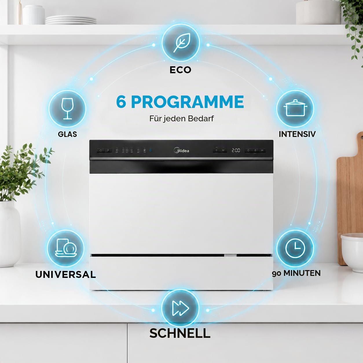 Midea Kleiner Geschirrspüler, Weiß, 55 cm, für 6 Personen, kompakt und tragbar, ohne Installation, Spülmaschine mit App Control, 6 Programme, antibakterieller Filter 49 dB, neues Modell