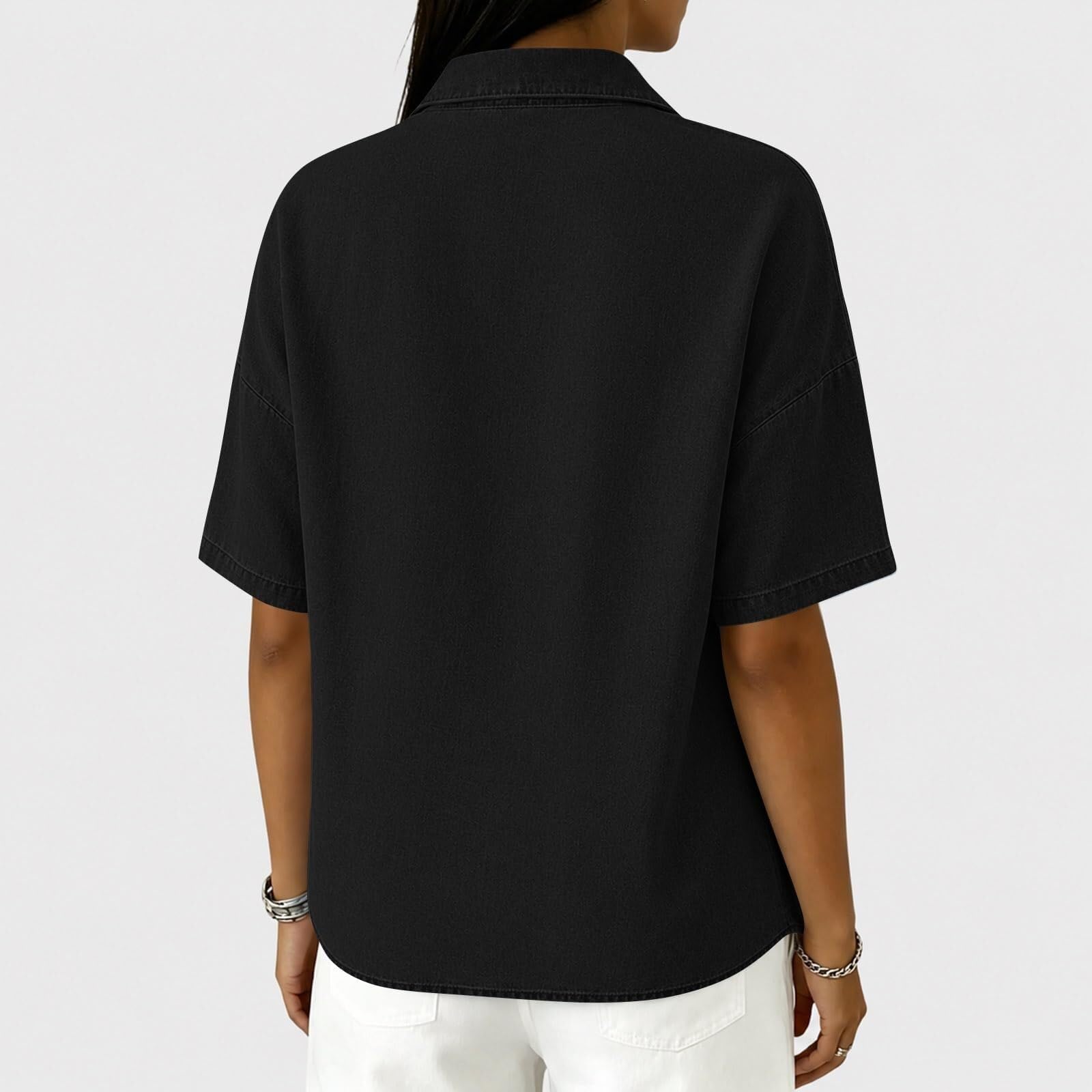 Blusa vaquera para mujer, estilo retro, cuello en V, manga corta, vaquera, holgada, de verano