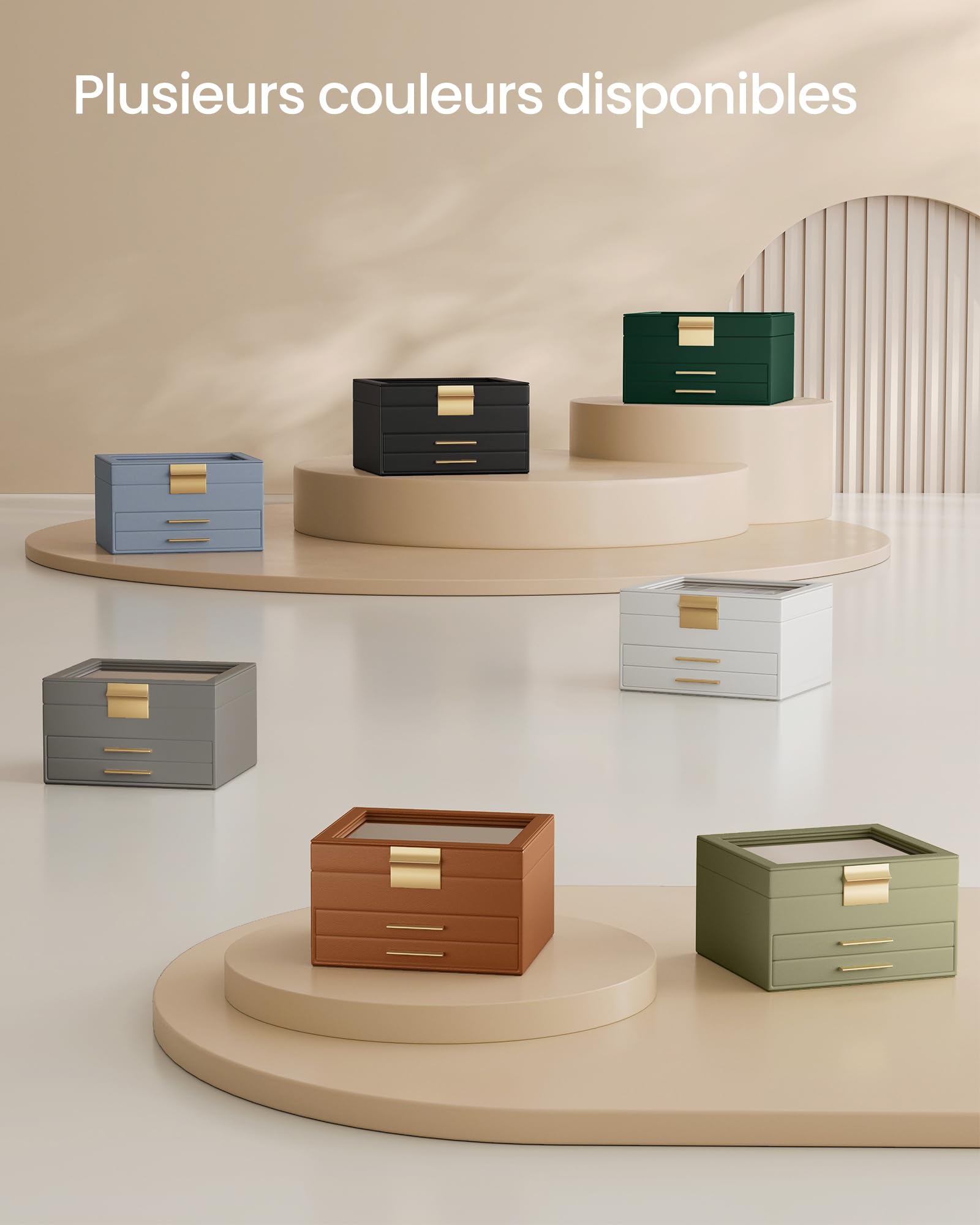 SONGMICS Collection GISELLA - Boîte à Bijoux, Écrin à Accessoires 3 Niveaux, Coffre de Rangement, Couvercle en Verre, 2 Tiroirs, Rangement pour Bijoux, Moderne, Blanc Nuage et Doré JBC239WTV1