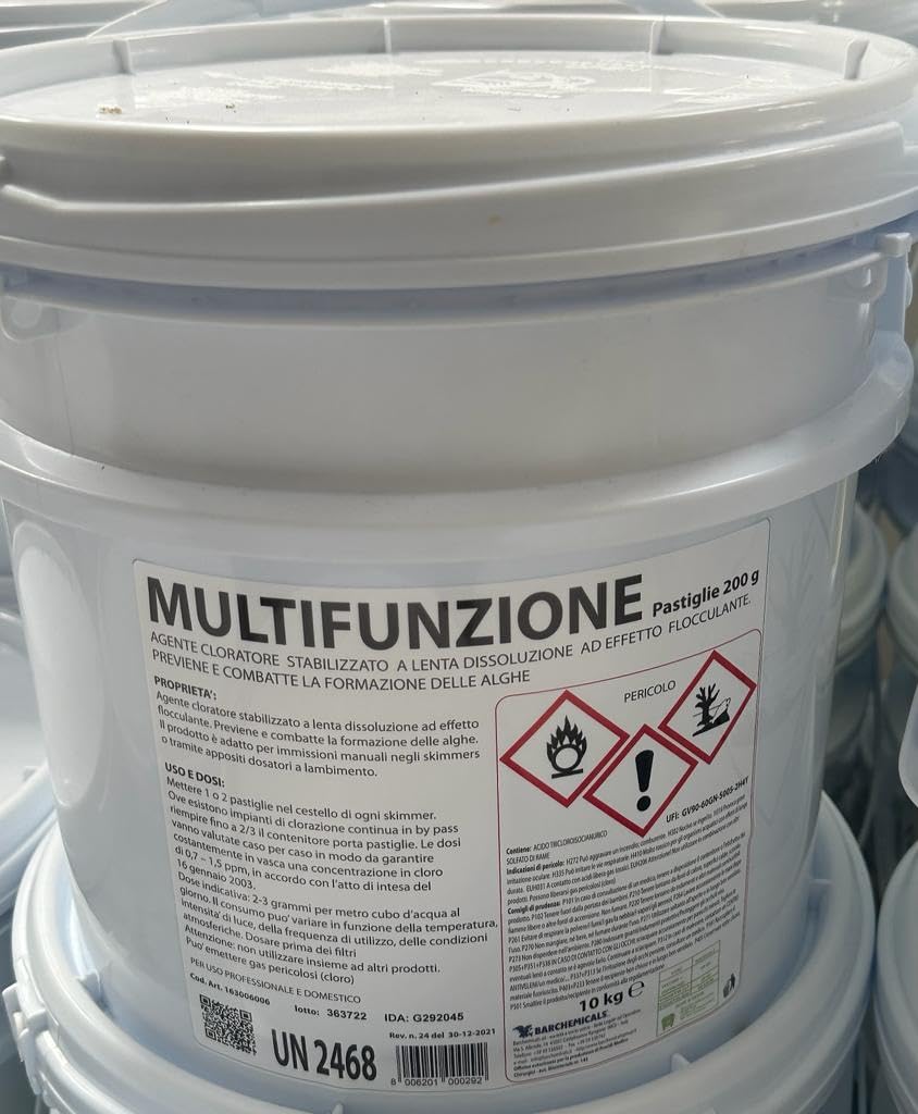 Barchemic 10 Kg Cloro 4 Azioni nuovo prodotto ex Tripla Azione In Pastiglie 200 Gr. Alghicida Clorante Stabilizzante e flocculante A LENTA Dissoluzione
