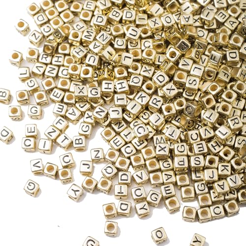 ToBeIT 1000Pcs Letter Beads Gold Letter Bead Acrylic Alphabet A-Z Cube Beads for Jewelry Making Bracelets Necklaces