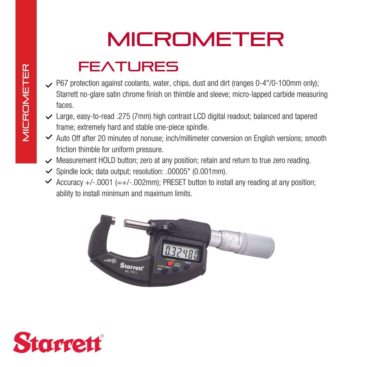 Amazon.com: Starrett 英吋/公釐公制電子千分尺,無輸出- 一體式